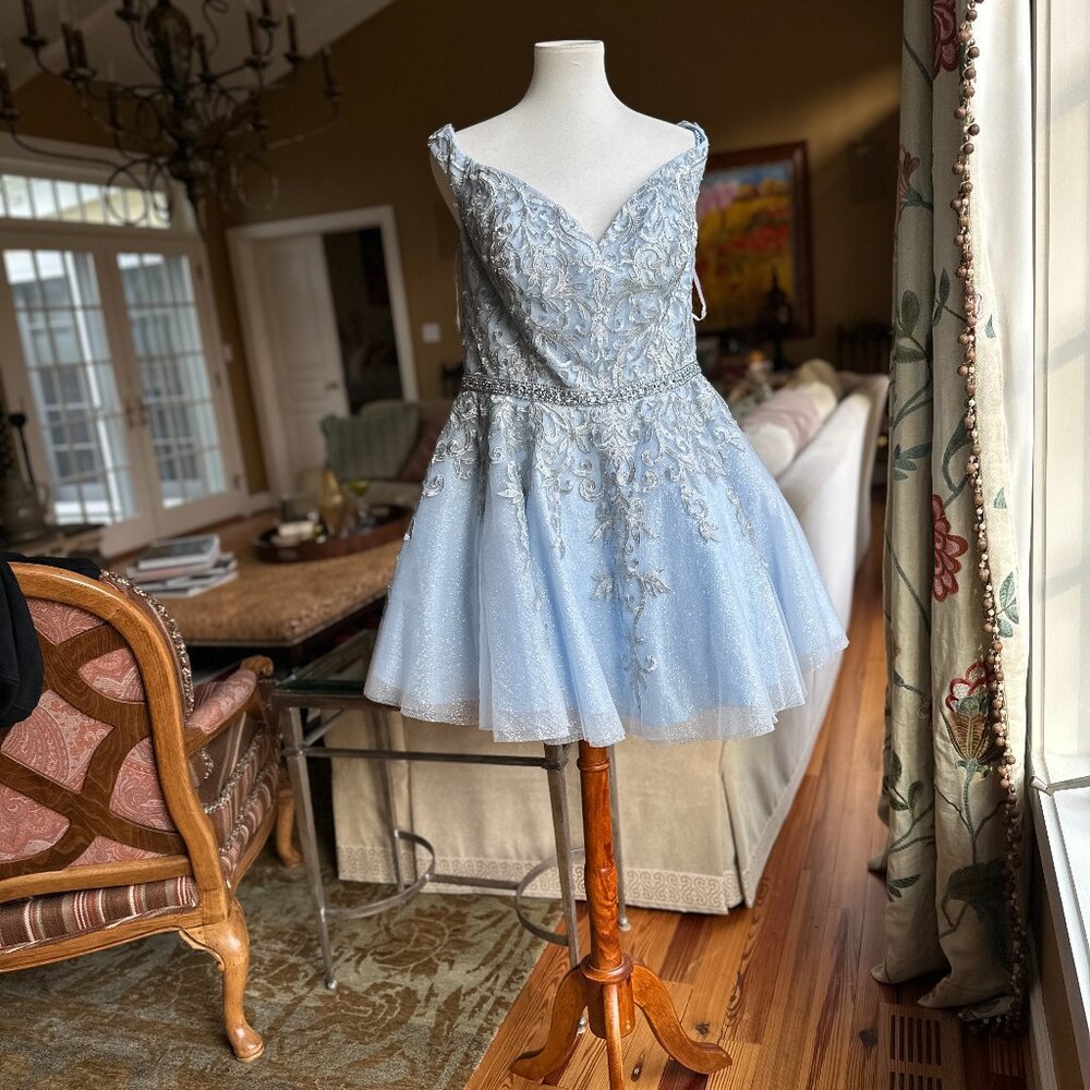 Ellie Wilde / Mon Cheri - Short Beaded Homecoming Dress - Ice Blue - NWT - Sz 16